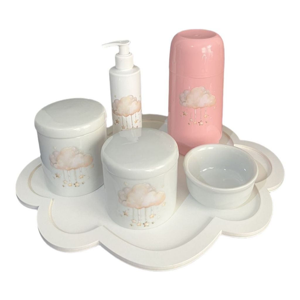 KIT HIGIENE PORCELANA BANDEJA NUVEM DESENHO NUVEM GARRAFA 250ML COMPLETO em Oferta na Shopee