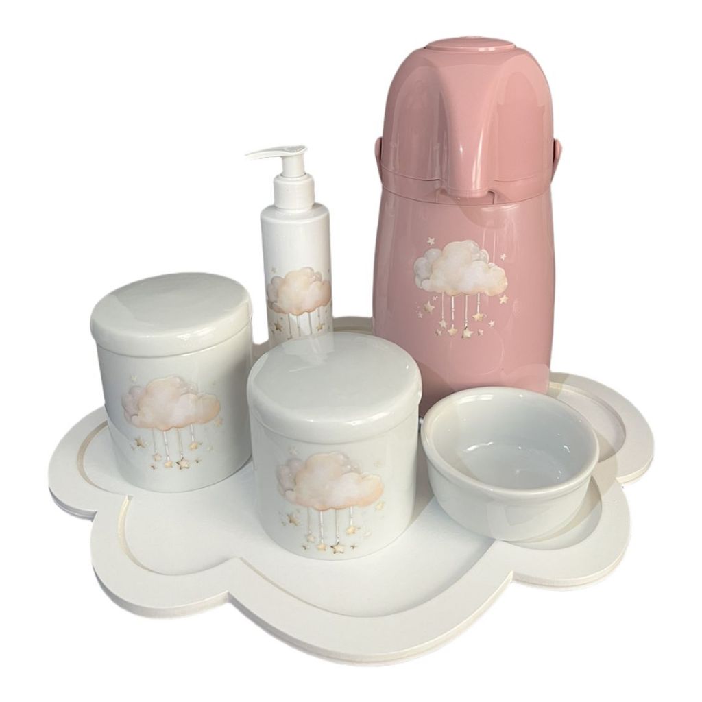 KIT HIGIENE PORCELANA BANDEJA NUVEM DESENHO NUVEM GARRAFA GRANDE COMPLETO em Oferta na Shopee