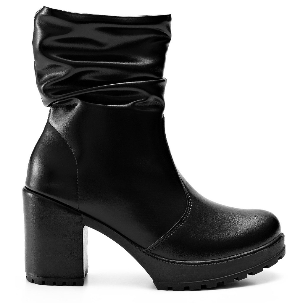 Detalhes do Bota Feminina Lumiss Tratorada Cano Curto Enrugada Salto Bloco Alto Preto