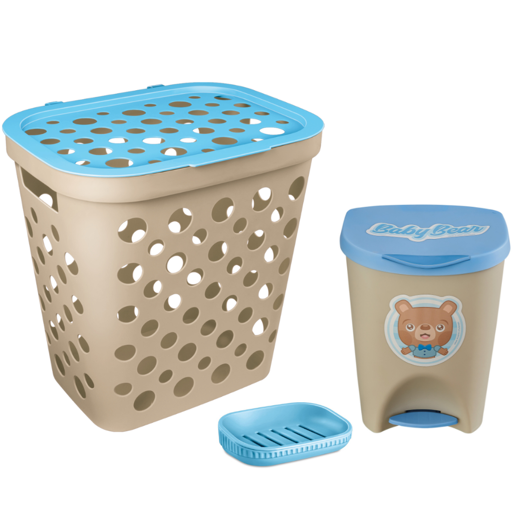 Kit Cesto de Roupa 30L, Lixeira Grande 15L e Saboneteira com Escorredor Para Bebês Menino Linha Baby
