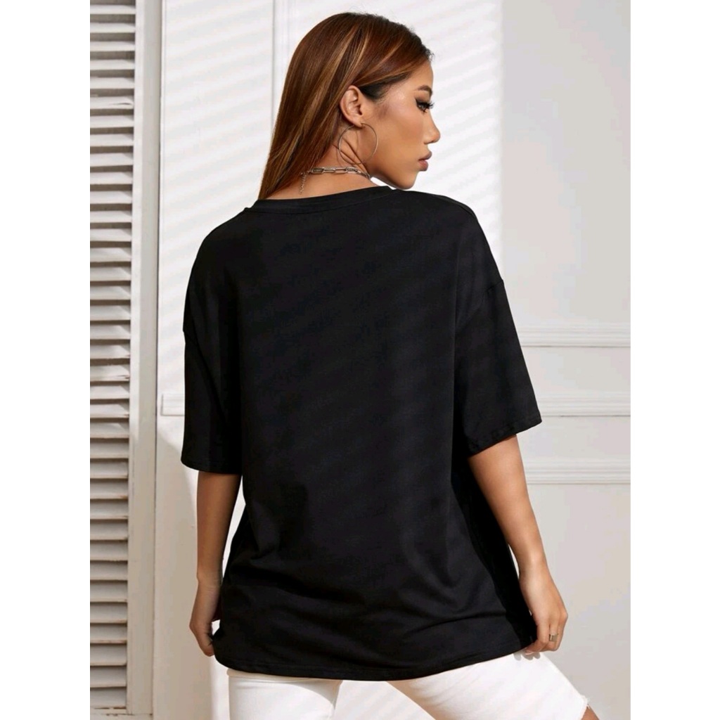 Oversized camiseta feminina ombro caído ocasional 100% algodão com gráfico de sorriso animado estampada