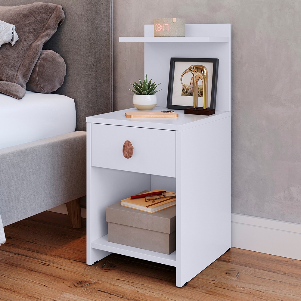 Mesa de Cabeceira Boss Com Prateleira e Gaveta Cor Branco Quarto Apoio de Cama Mesinha Luxo Puxador em Oferta na Shopee