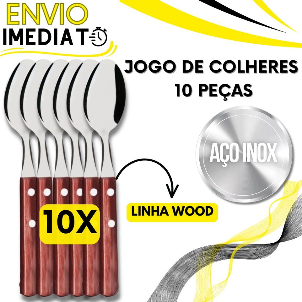 Jogo de Talher 10 Peças Colher de Mesa Inox Cabo em Madeira Bambu para Casa Cozinha Restaurante Bar Buffet Chuurasco