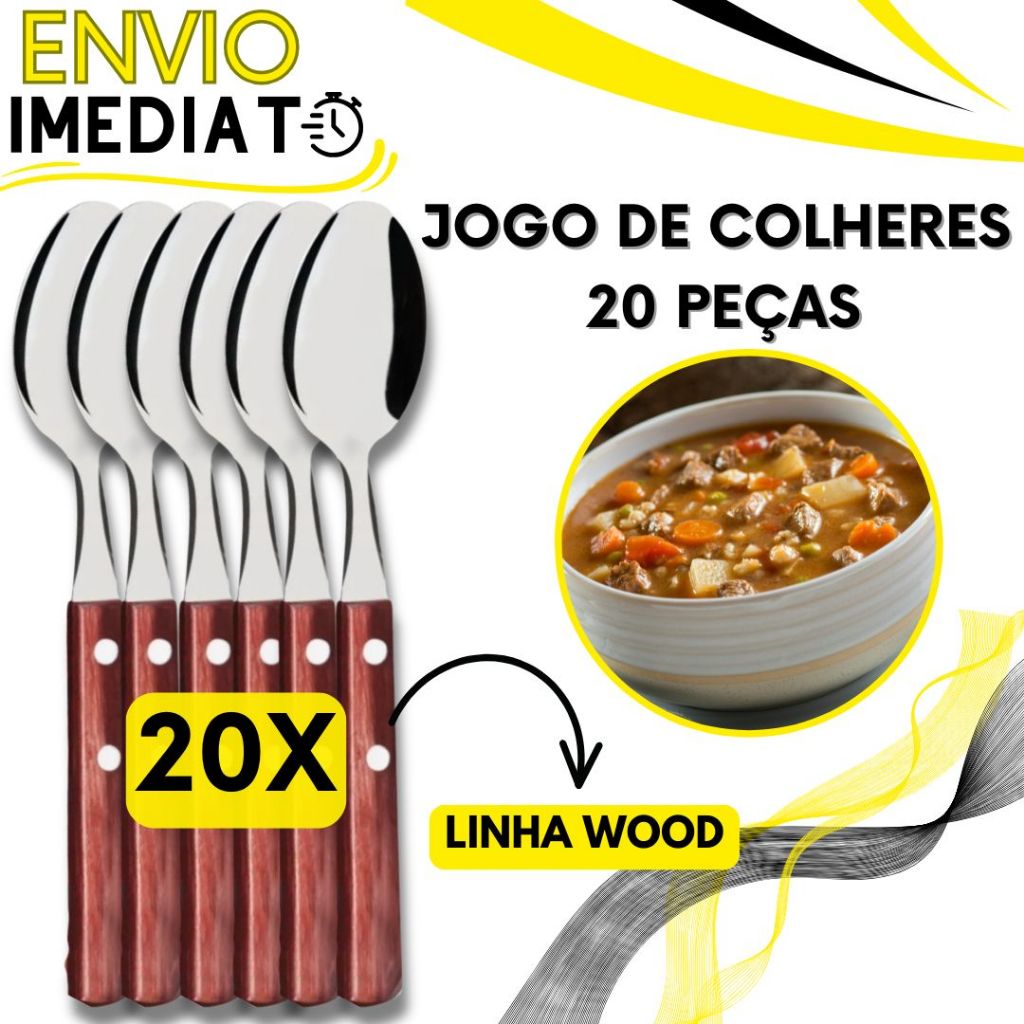 Jogo de Talher 20 Peças Colher de Mesa Inox Cabo em Madeira Bambu para Casa Cozinha Restaurante Bar Buffet Chuurasco