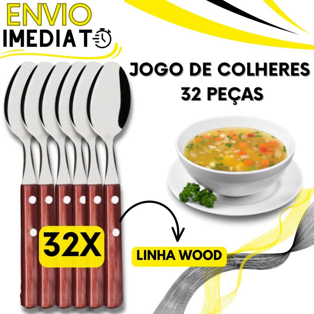 Jogo de Talher 32 Peças Colher de Mesa Inox Cabo em Madeira Bambu para Casa Cozinha Restaurante Bar Buffet Chuurasco