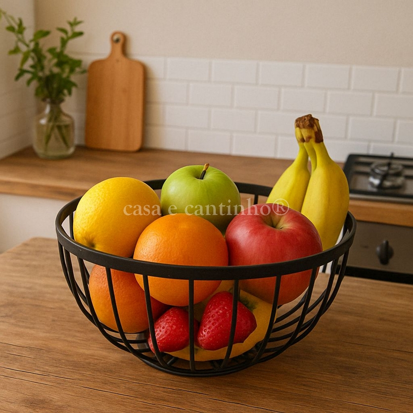 Fruteira de Mesa Rustica de Ferro e Bambu para Café da Manhã Multiuso de Metal Preto