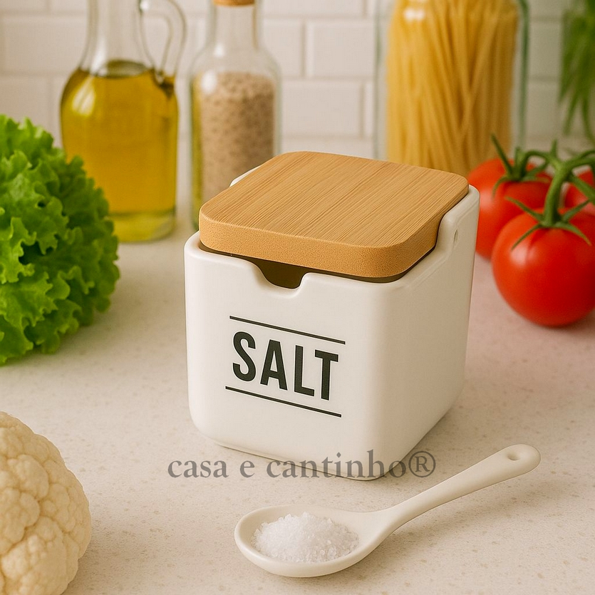 Saleiro de Cozinha Cerâmica Porcelana Mesa Com Colher Porta Condimento Preto Branco Tampa ...