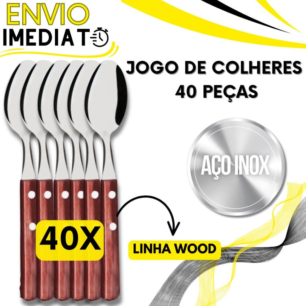 Jogo de Talher 40 Peças Colher de Mesa Inox Cabo em Madeira Bambu para Casa Cozinha Restaurante Bar Buffet Chuurasco