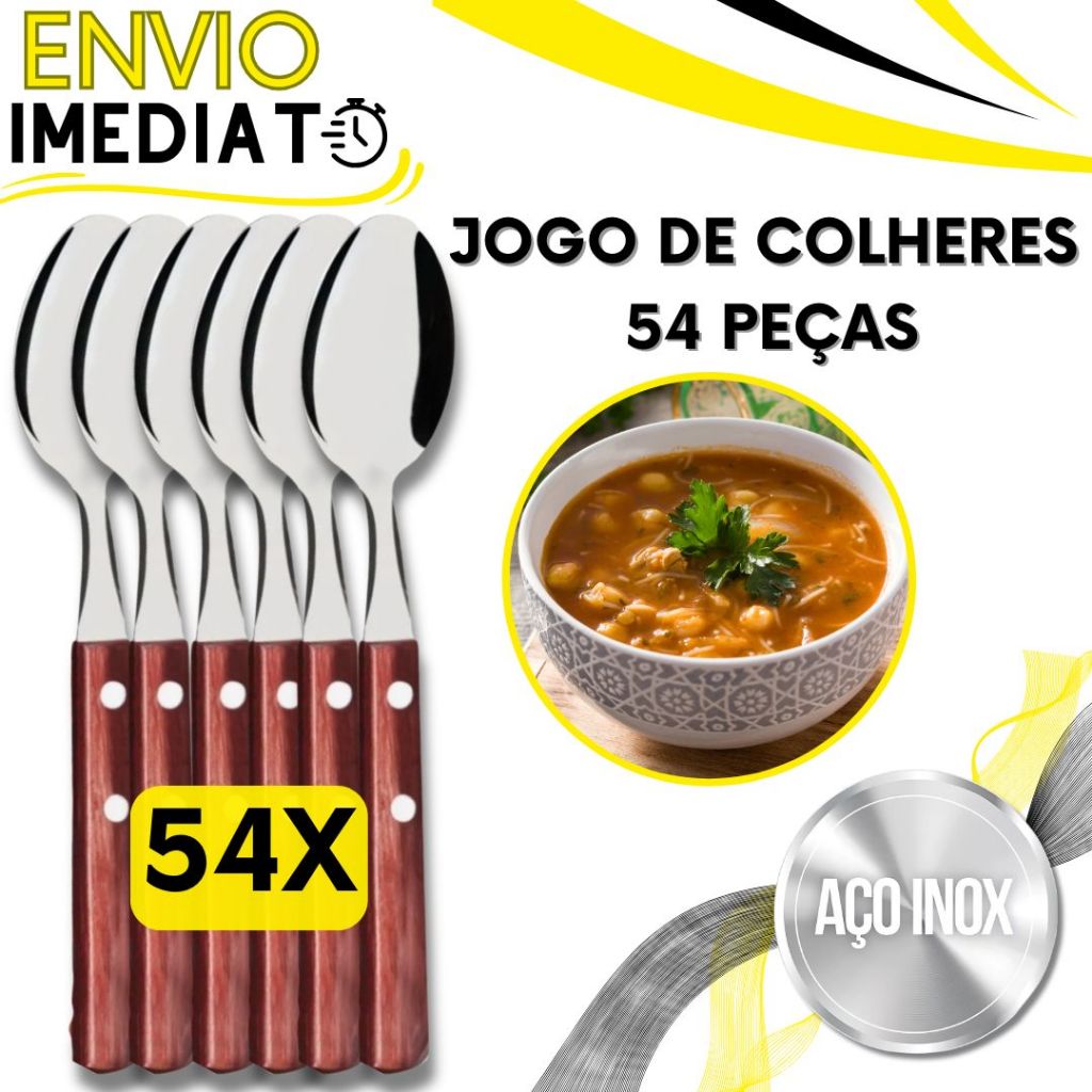 Jogo de Talher 54 Peças Colher de Mesa Inox Cabo em Madeira Bambu para Casa Cozinha Restaurante Bar Buffet Chuurasco