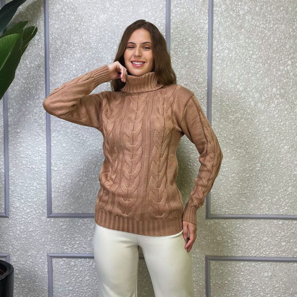 Blusa Feminina Tricô Trançado Gola Alta Cacharrel Manga Longa Inverno