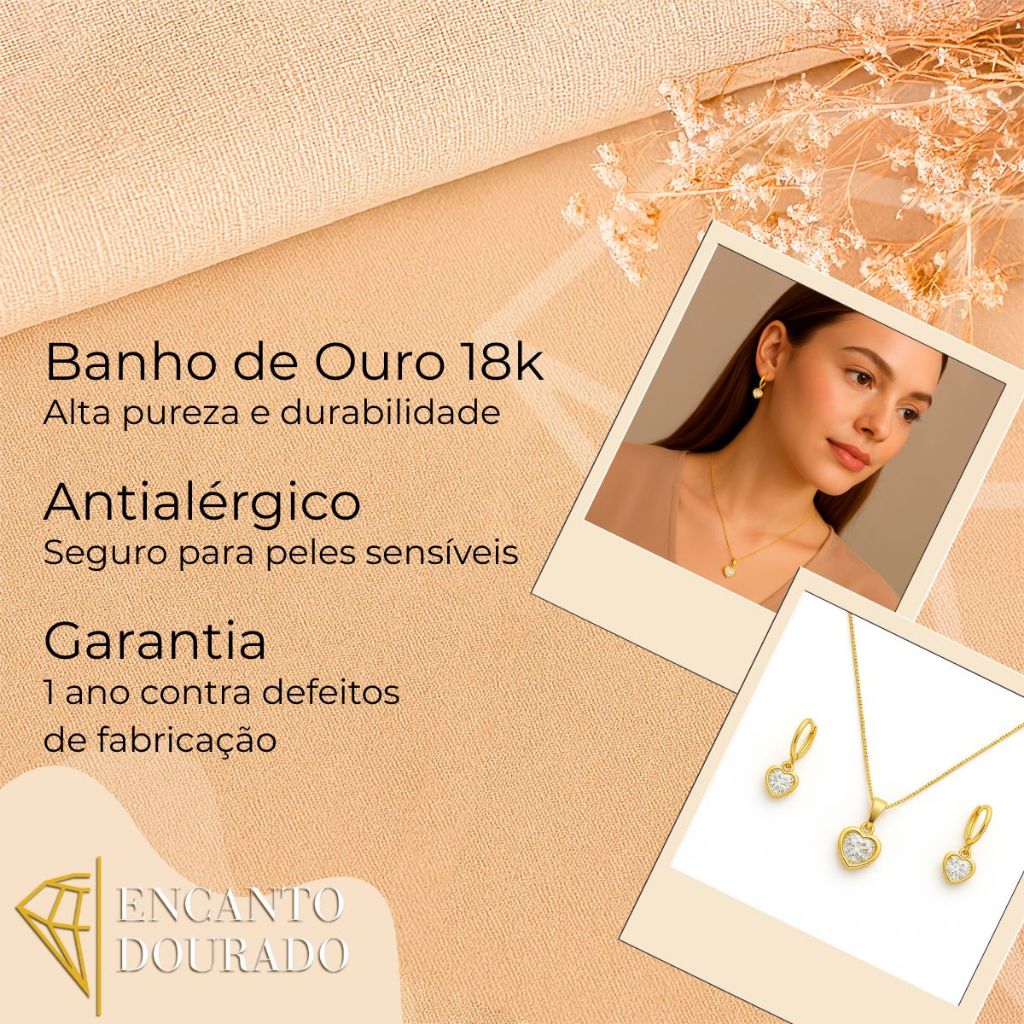 Kit Corrente + Brinco Feminino Coração Zircônia Banhado A Ouro Festa Casamento