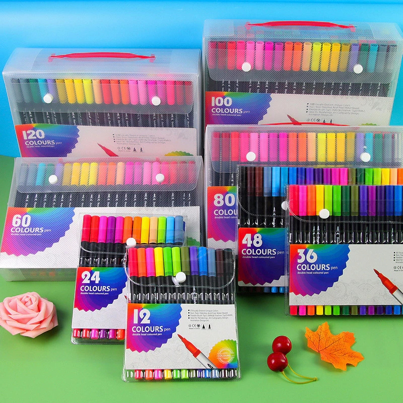 Kit36/48/60/80/100/120 Canetas 2 em 1 Brush Lettering e Ponta Fina Dual Pen Canetinha Colorir Desenho em Oferta na Shopee