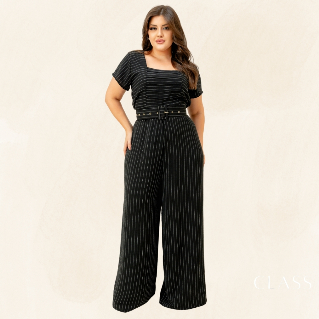 Macacão Plus Size Pantalona com Cinto Incluso Tecido Duna G/GG (44 a 50)