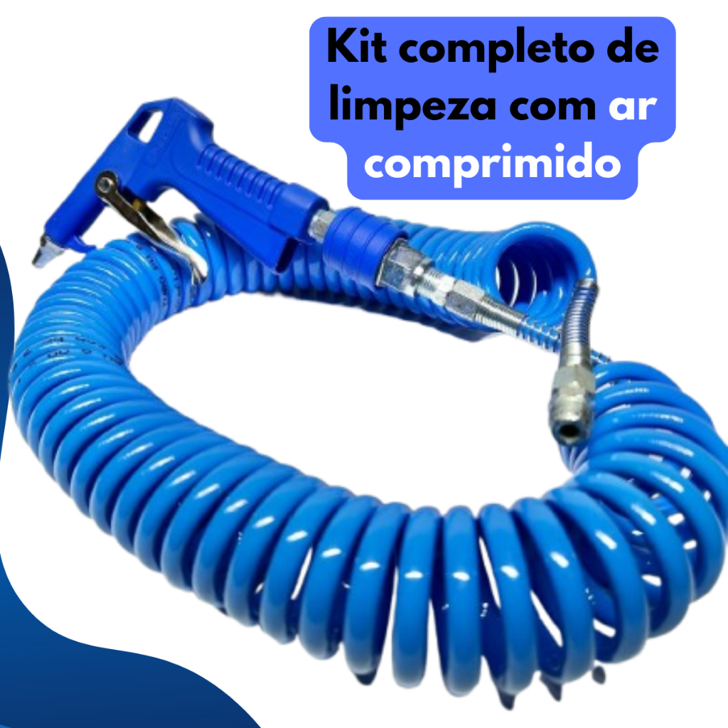 Kit mangueira espiral 10m Hidraflux com pistola de ar e engate rápido azul