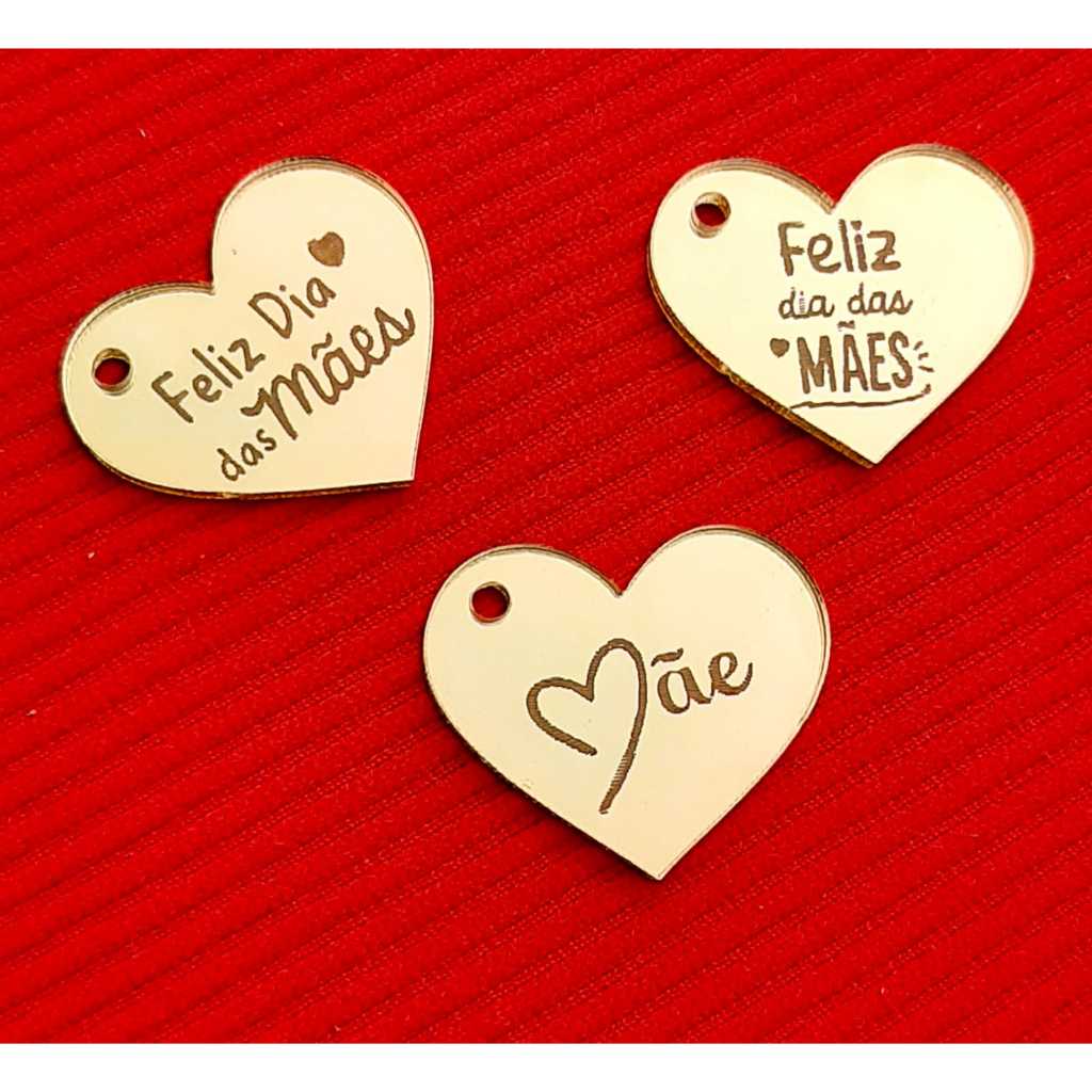 Aplique  Tag Coração Acrílico Espelhado Dourado com gravação feliz dia das Mães 20 pçs