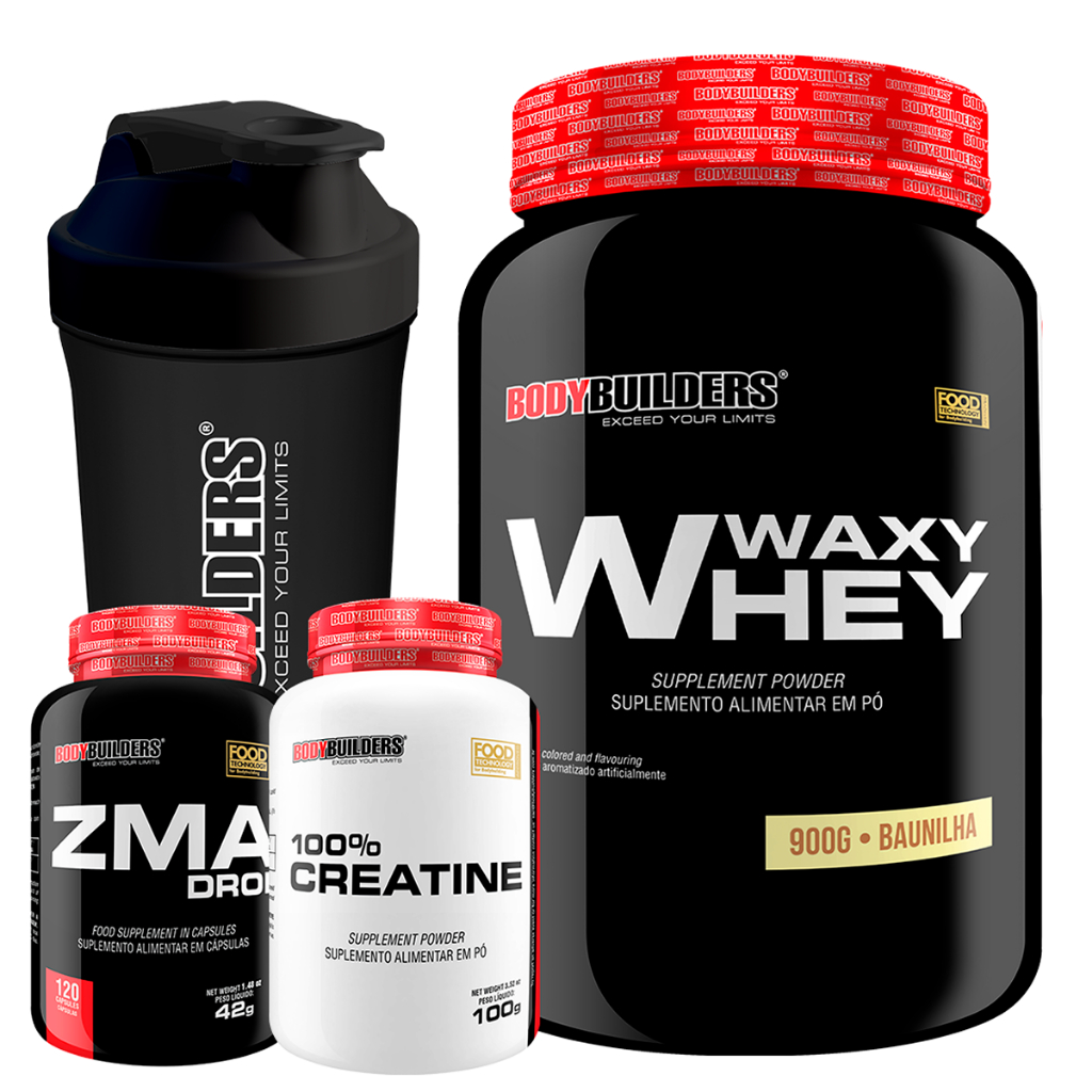 Kit Waxy Whey Protein 900g + ZMA Drol 120 Cápsulas + Creatine 100g + Coqueteleira – Bodybuilders