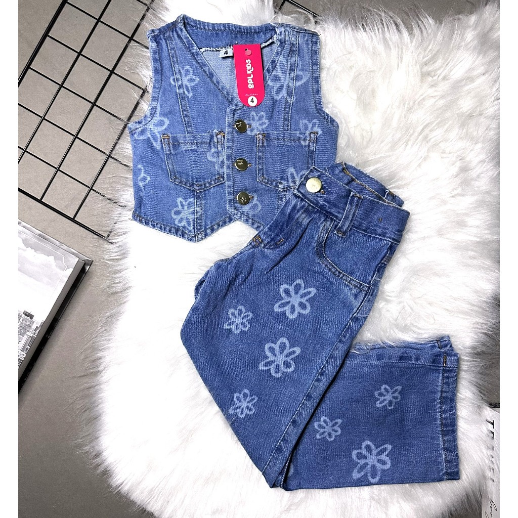 Conjunto Calça e Colete Jeans Infantil Menina Wide Leg OPL KIDS em Oferta na Shopee