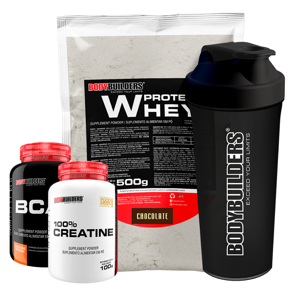 Kit Whey Protein 500g + BCAA 4.5 100g + Creatine 100g + Coqueteleira – Bodybuilders