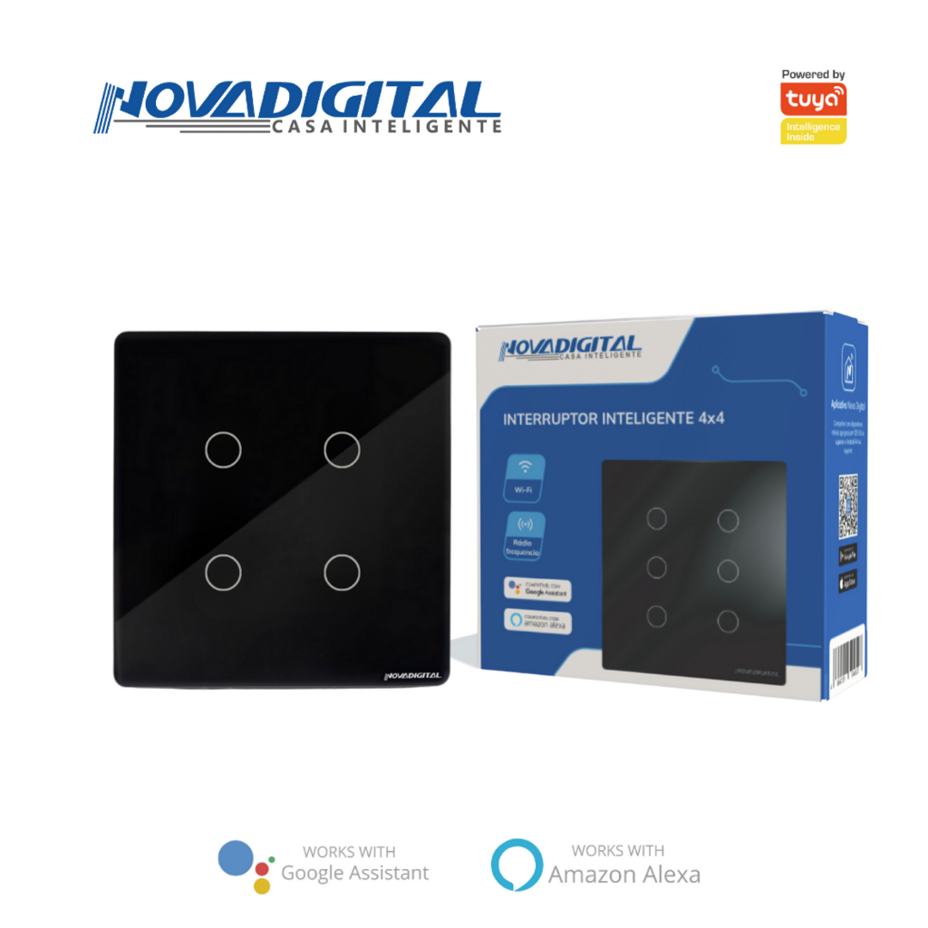 Interruptor Inteligente 4x4 Touch Novadigital Wifi 4 Botões Preto Compatível com Alexa e Google