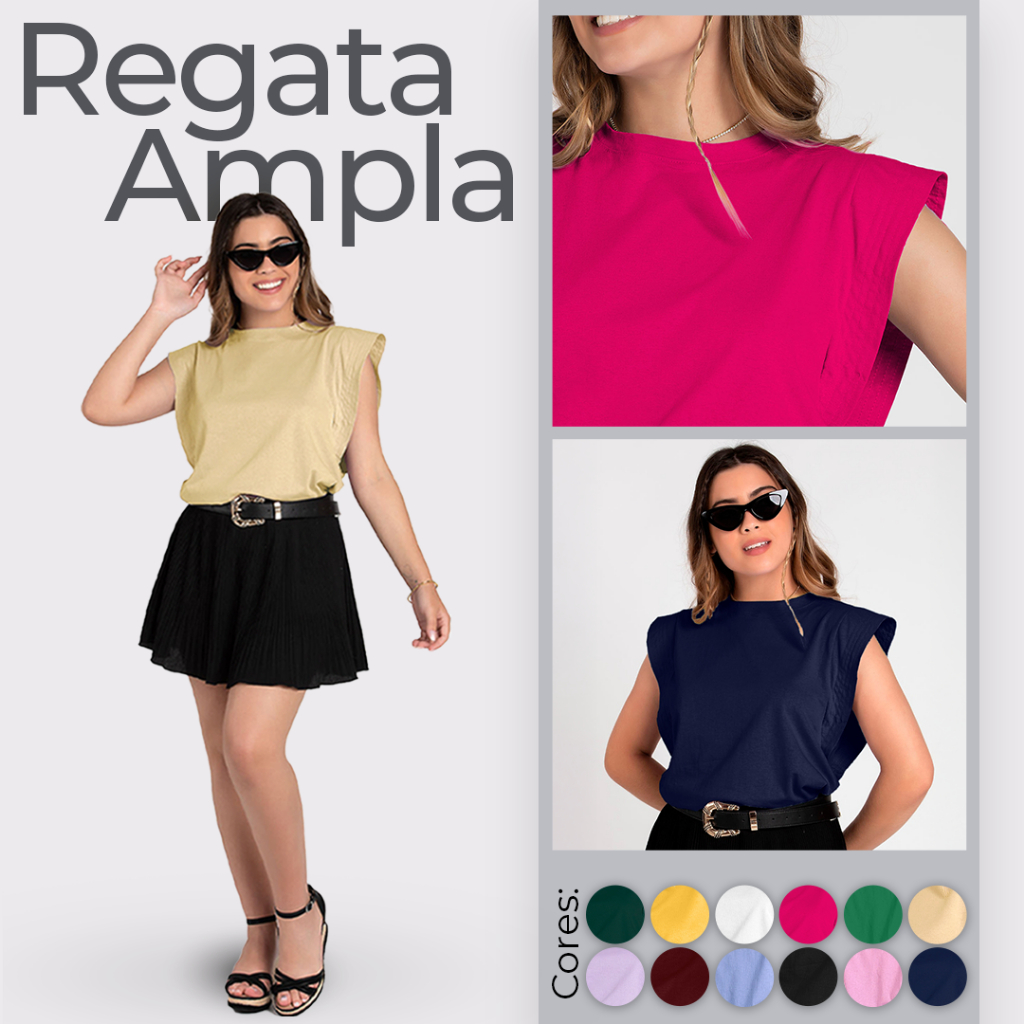 Regata Feminina Ampla 100% Algodão com Cava Fechada Blusa Leve Confortável Verão Praia Passeio