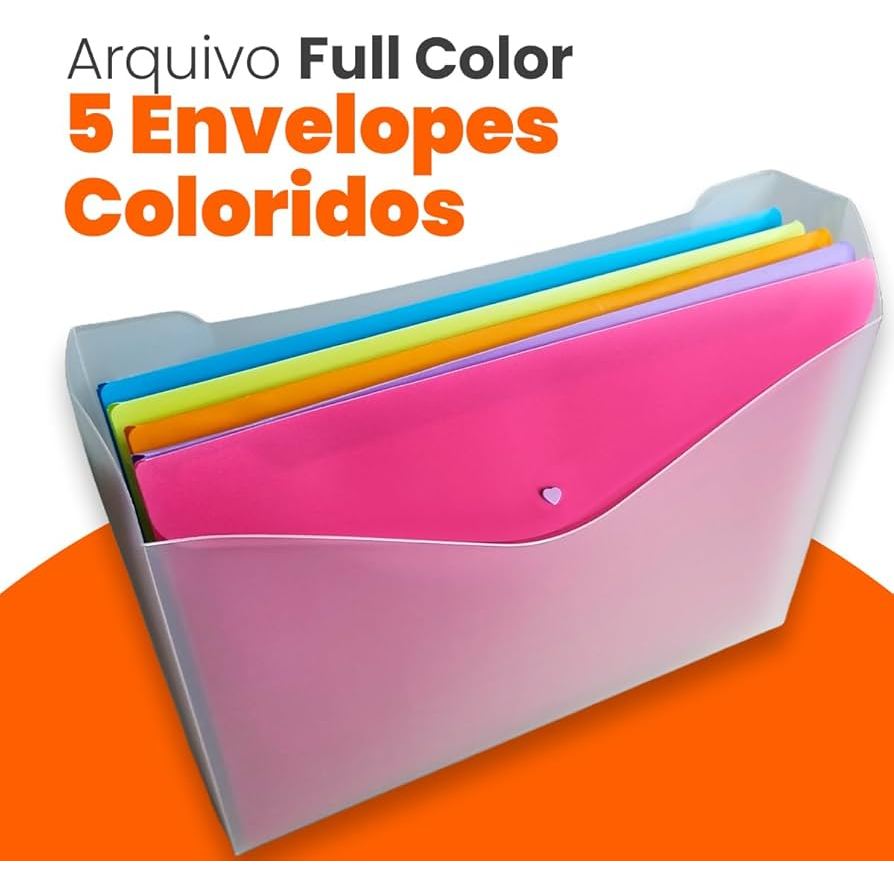 Kit c/5 Pastas Arquivo A4 | Pasta Envelope Coloridos Dello Full Color | Pasta Organizadora Papelaria