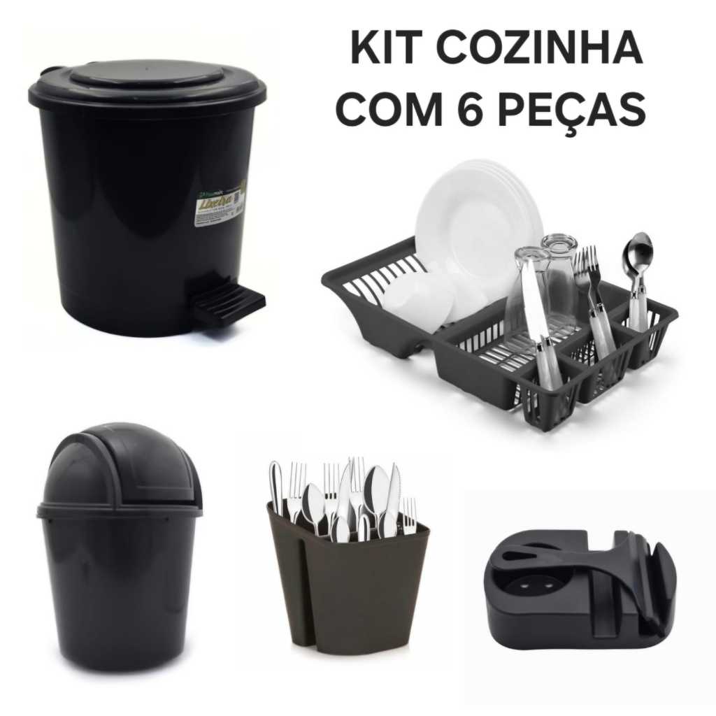 Kit Cozinha 6 Pecas Escorredor Louça + Rodinho + Porta Detergente + Lixeira Pia + Lixeira 7,5 Lts + Escorredor Talheres