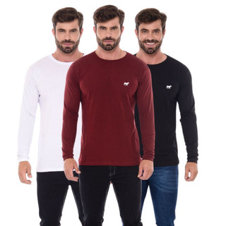 kit 3 Camiseta Manga Longa Masculina Lisa Outono Inverno Meia Estação