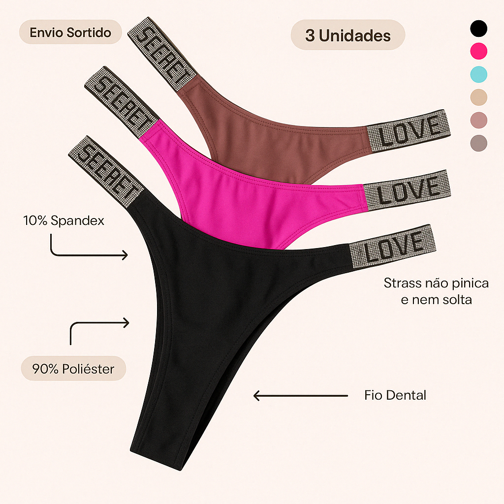 Kit 3 Calcinha Love Strass  Cores Variadas em Oferta na Shopee