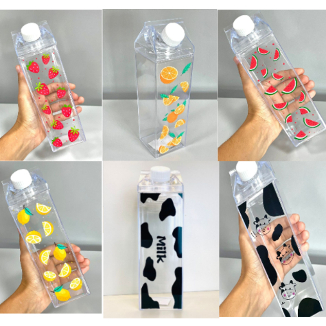 Garrafa Jarra Formato Caixa de Leite em Acrílico De 480 ml ou 1Litro ml Vaquinha Frutas Milk