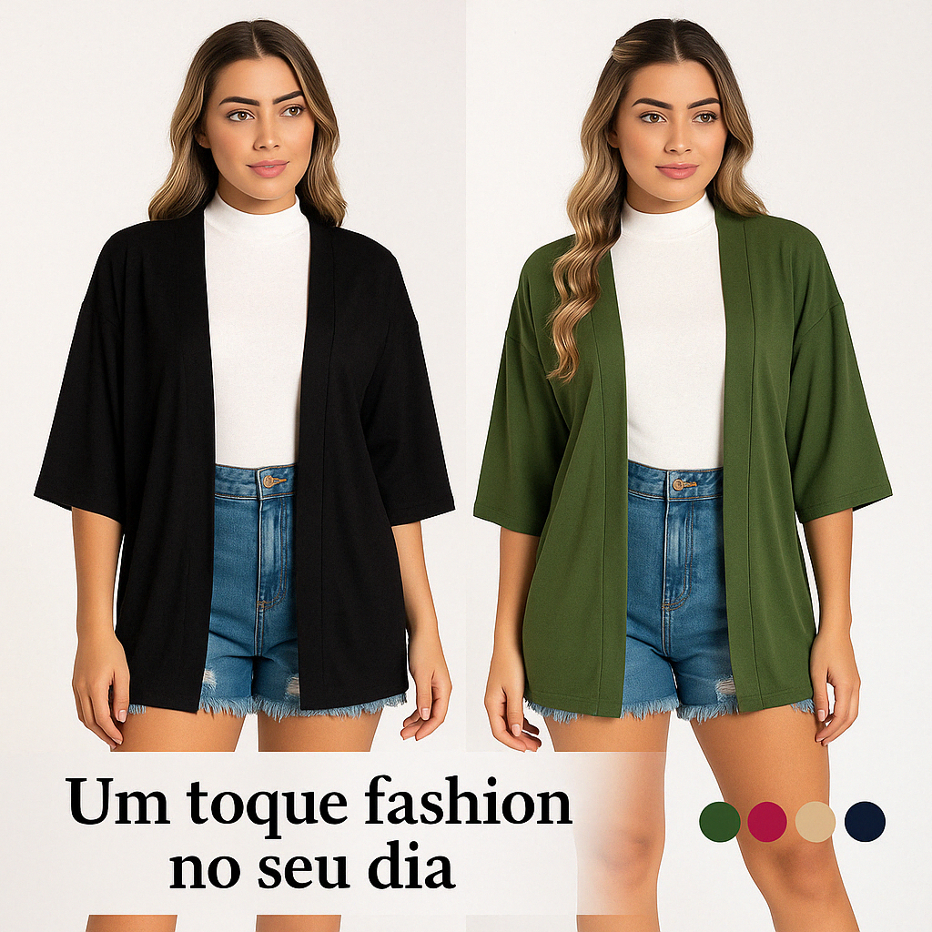 Kimono Feminino Soltinho  Manga 3/4 Look Cardigan Viscose Leve Saída de Praia Estilosa Terceira Peça