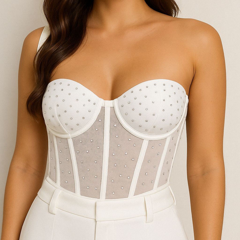 Cropped Feminino Corselet Brilho Bojo Strass Espartilho Top Moda Gringa
