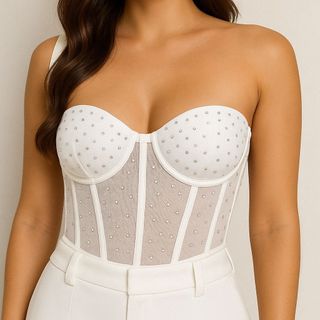 Cropped Feminino Corselet Brilho Bojo Strass Espartilho Top Moda Gringa