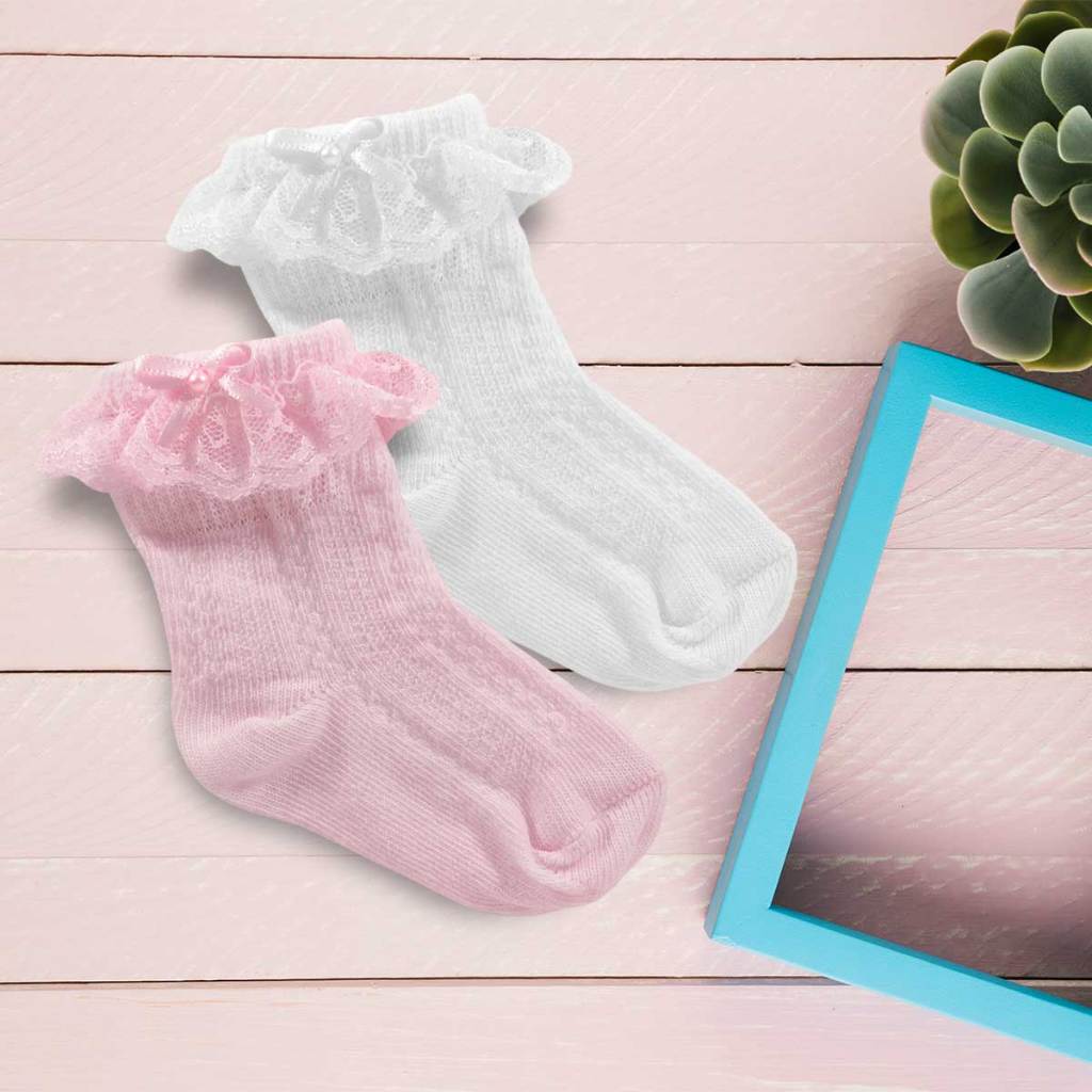 Meia Bebe Infantil Festa Batizado Laço Renda Menina Babado Soquete Delicado Algodao 24.01