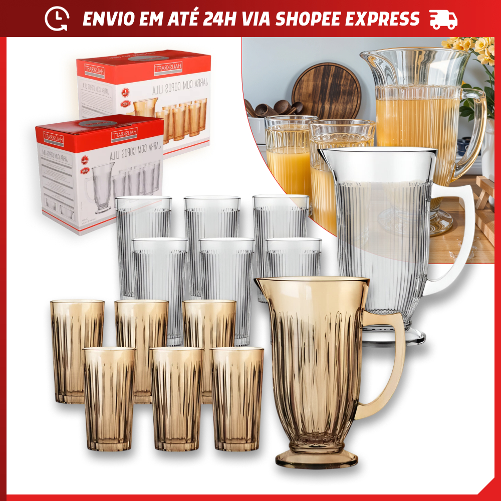 Kit Jarra 1 Litro com 6 Copos de Vidro Resistente 265ml Luxo Requintado Mesa Posta Jantar