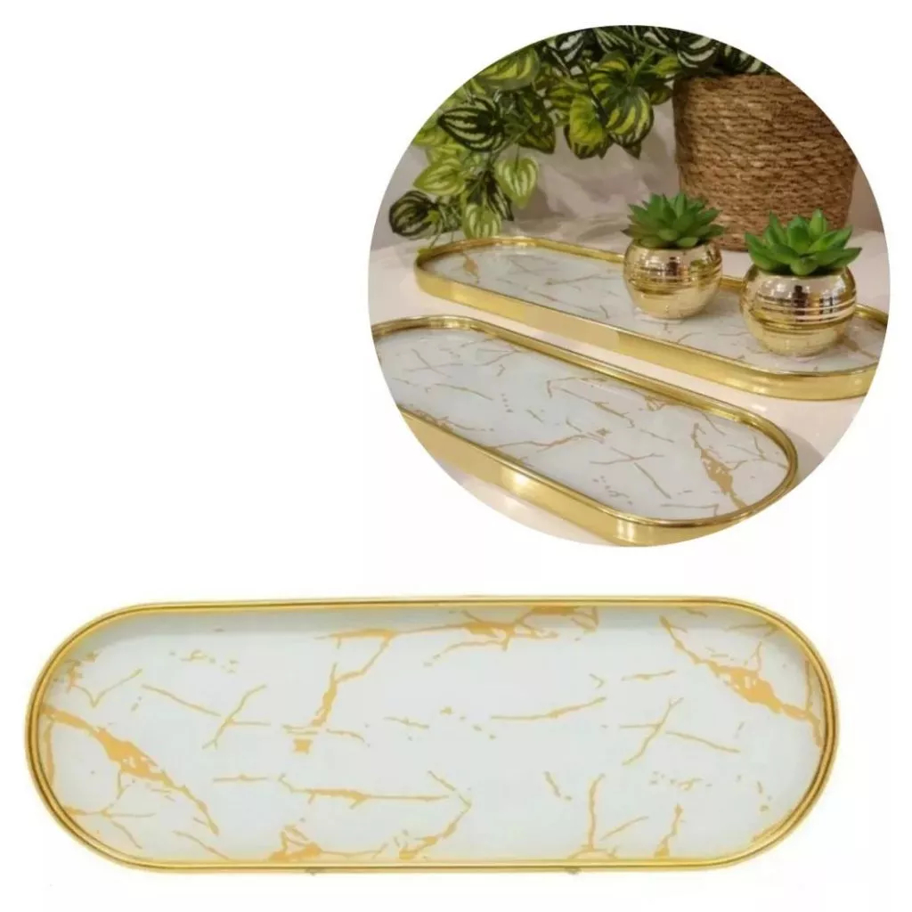 Bandeja Mármore Decorativa Oval  Pedra Plástico Multiuso
