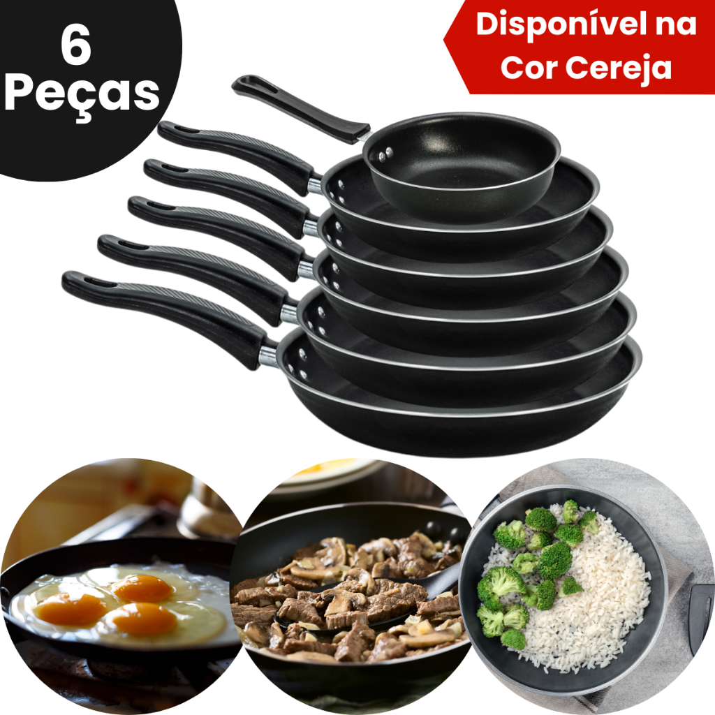 Kit Frigideira Francesa Antiaderente Aluminio  - Conjunto Jogo Preto Cereja Ovo N°13 16 18 20 22 24