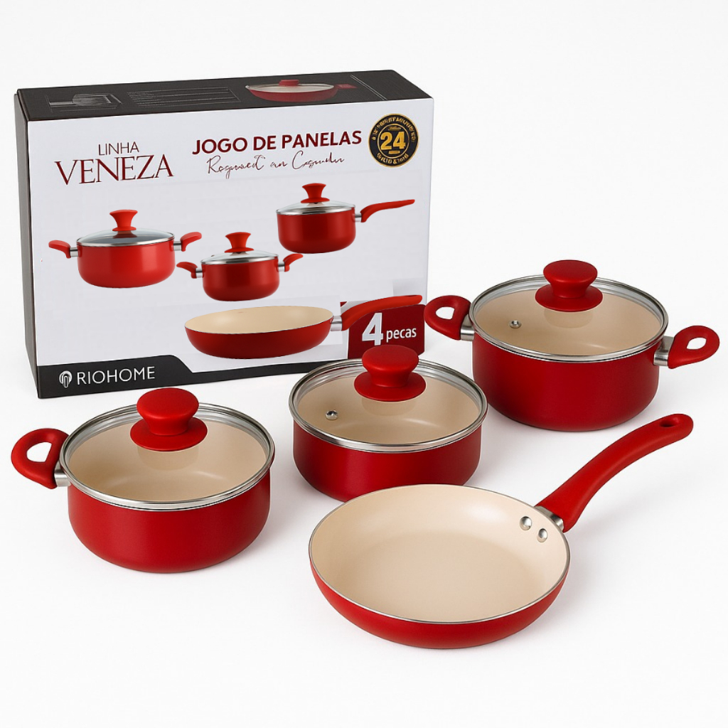 Kit Jogo de Panela 4 Peças – Revestimento Cerâmico Antiaderente Creme