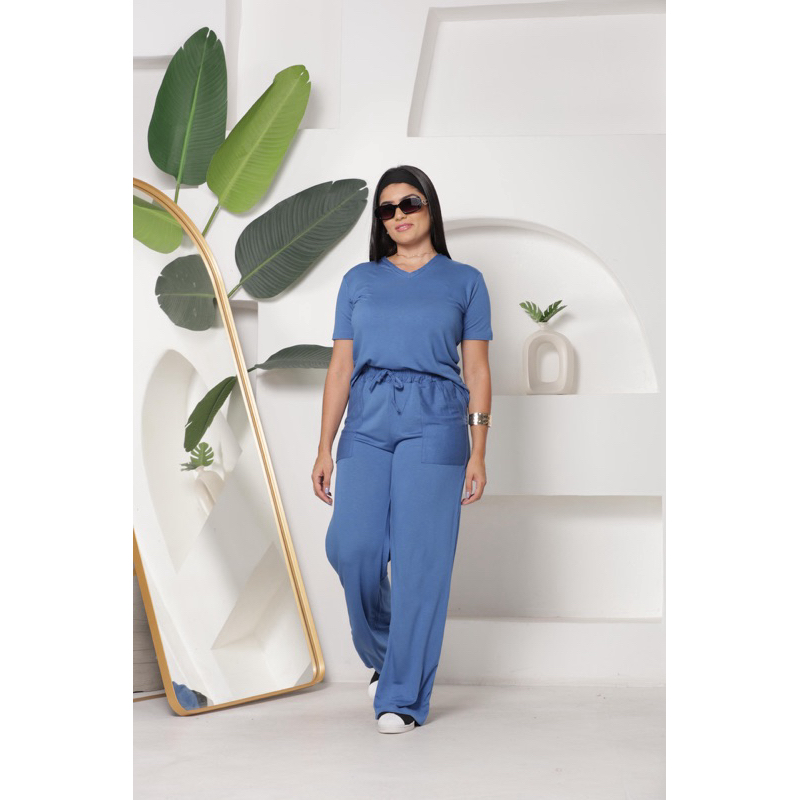 Conjunto Blusa Manga Curta e Calça Pantalona com Elastico e Bolso Slim e Plus Size