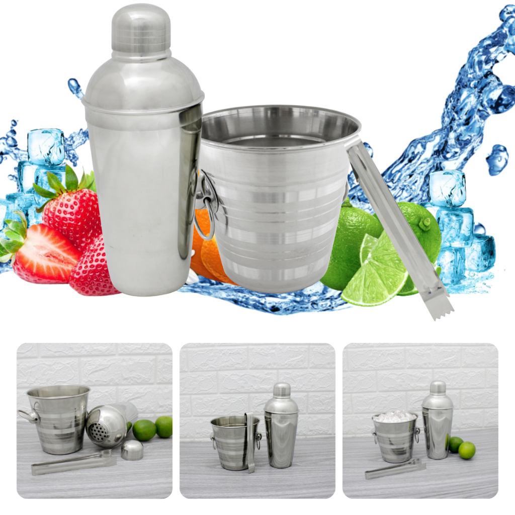 Coqueteleira Kit Bartender Inox Balde De Gelo + Pegador + Coquetel Cor Prata e Preto