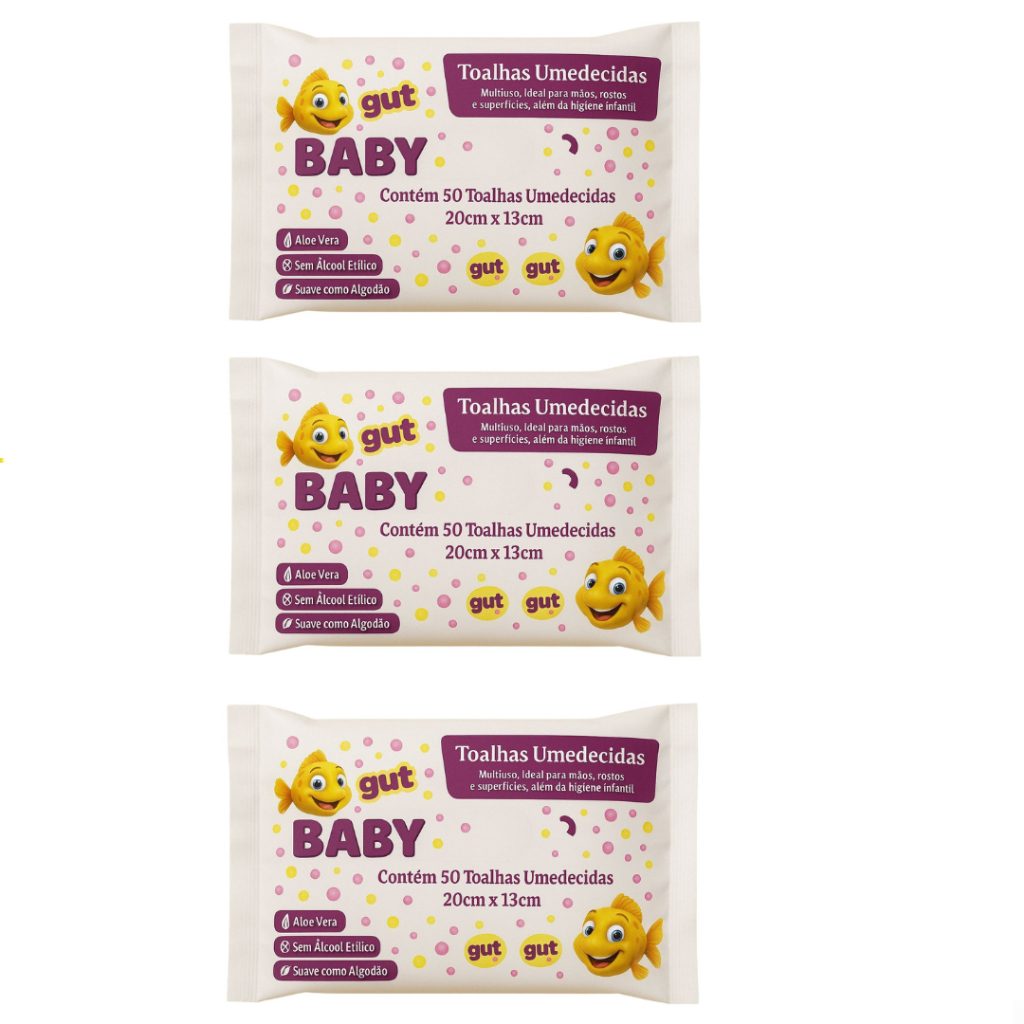 Kit 3 Pacotes Toalhinhas Umedecidas Para Bebe C/50UN CADA 20cm 13cm - Gut Gut Baby