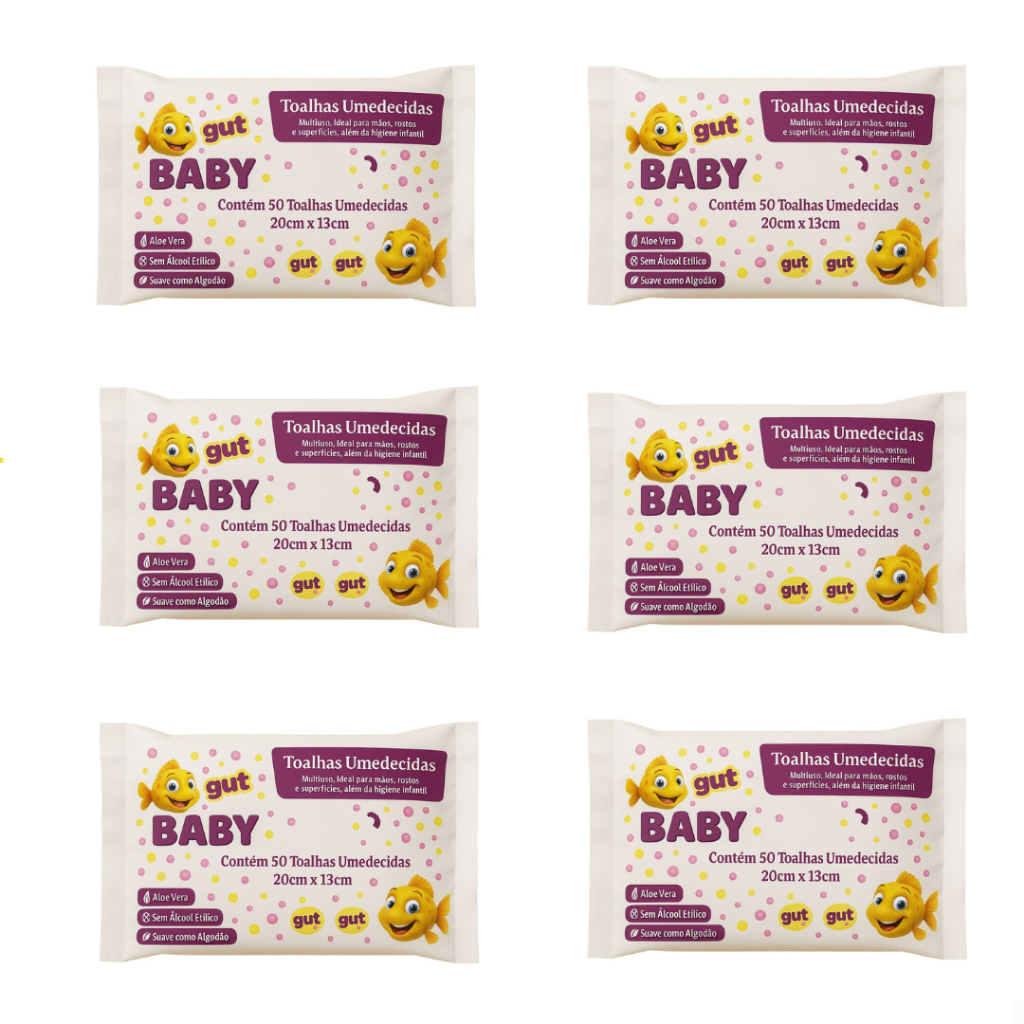 Kit 6 Pacotes Toalhinhas Umedecidas Para Bebe C/50UN CADA 20cm 13cm - Gut Gut Baby