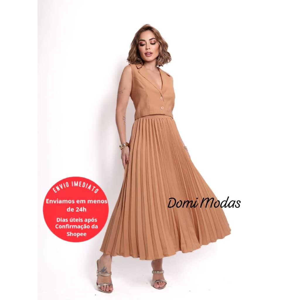Domi Modas Conjunto Feminino Saia Plissada Camponesa e Colete Tecido Amarante 86600