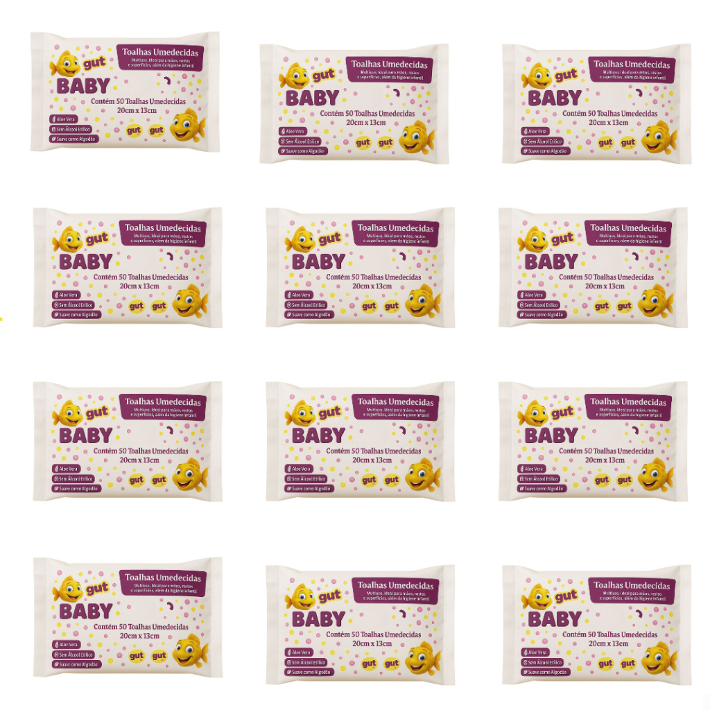 Kit 12 Pacotes Toalhinhas Umedecidas Para Bebe C/50UN CADA 20cm 13cm - Gut Gut Baby