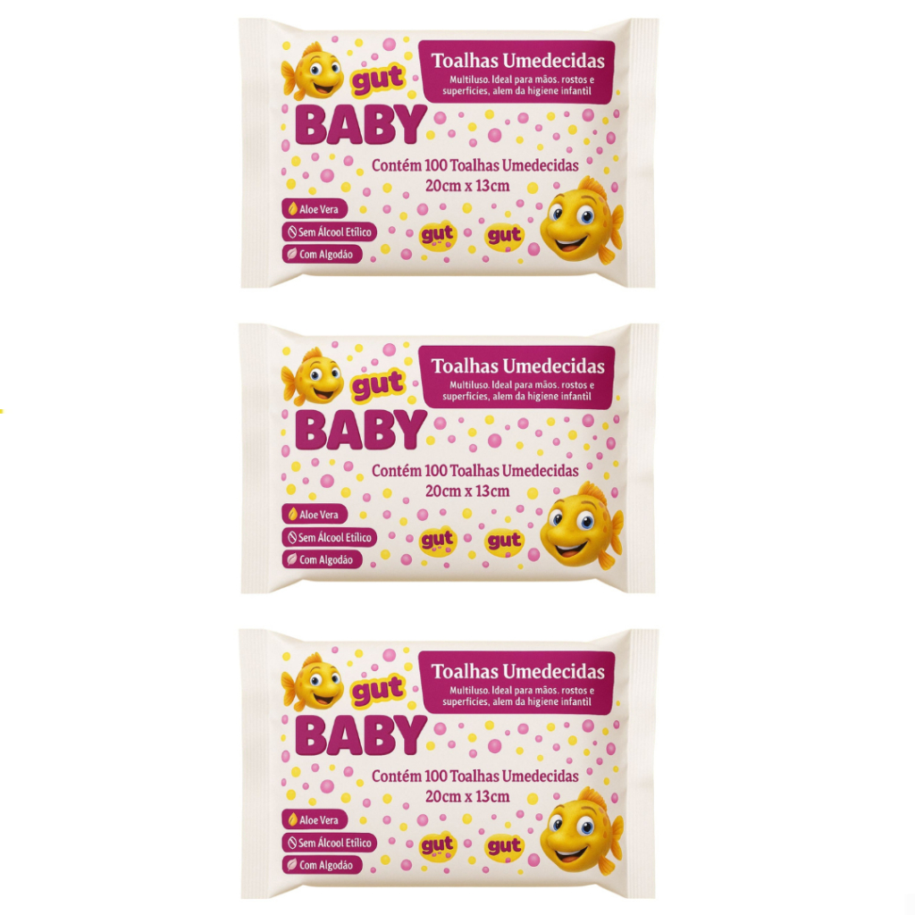 Kit 3 Toalhinhas Umedecidas Para Bebe C/100UN 20cm 13cm - Gut Gut Baby
