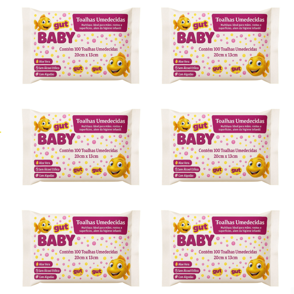 Kit 6 Pacotes Toalhinhas Umedecidas Para Bebe C/100UN CADA 20cm 13cm - Gut Gut Baby