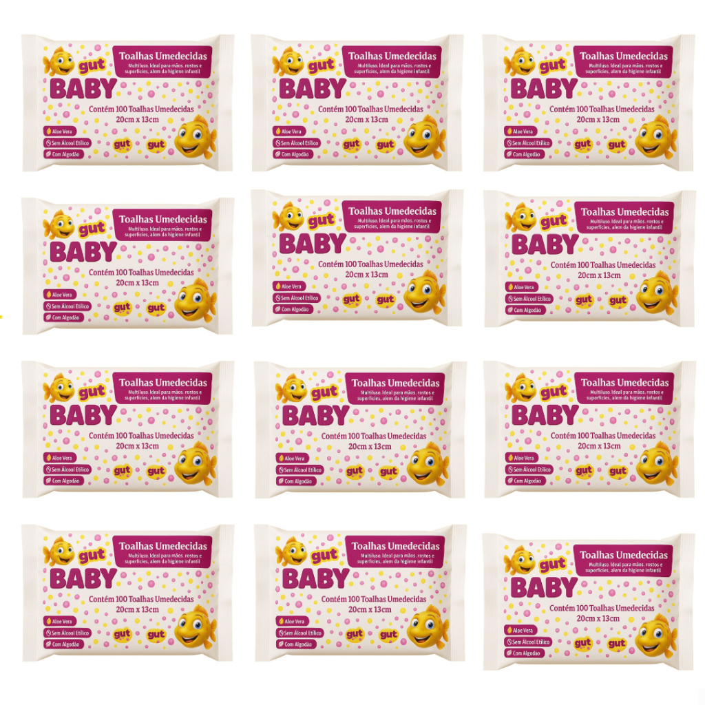 Kit 12 Pacotes Toalhinhas Umedecidas Para Bebe C/100UN CADA 20cm 13cm - Gut Gut Baby