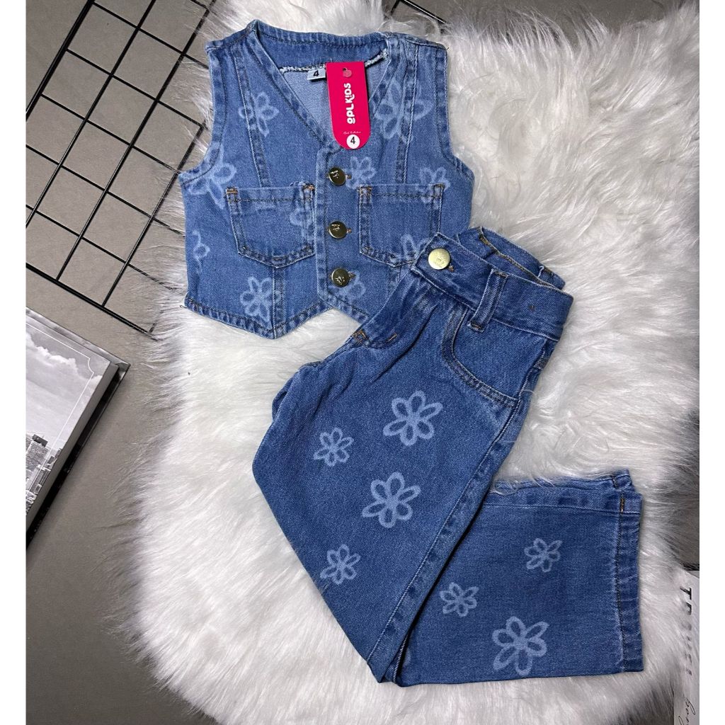 Conjunto Colete + Calça Wide Leg Jeans Infantil Menina OPL KIDS