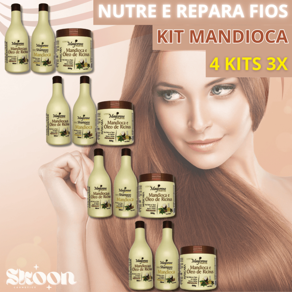 4 Kits Mandioca 12x500ml Shampoo + Condicionador + Mascara Nutre e Repara Fios Cabelo Maycrene
