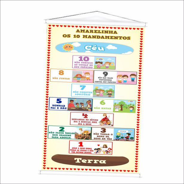 Banner de Amarelinha os Dez Mandamentos produzido em lona. Cartaz Propaganda pra escolas, igrejas, aulas religião.