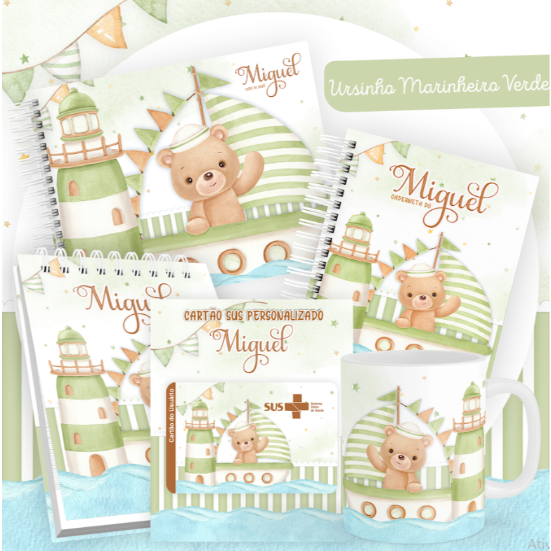 Kit Maternidade Personalizado Ursinho Marinheiro Baby - Caderneta, Livro do Bebê, Porta Documento, Cartão SUS 4 Itens